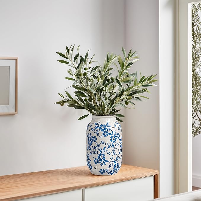 Blue and White Ceramic Vase for Flowers,9 inch Rustic Vintage Chinoiserie Vases Home Decor, Farmhouse Decor, Shelf, Living Room, Bedroom, Table Decoration