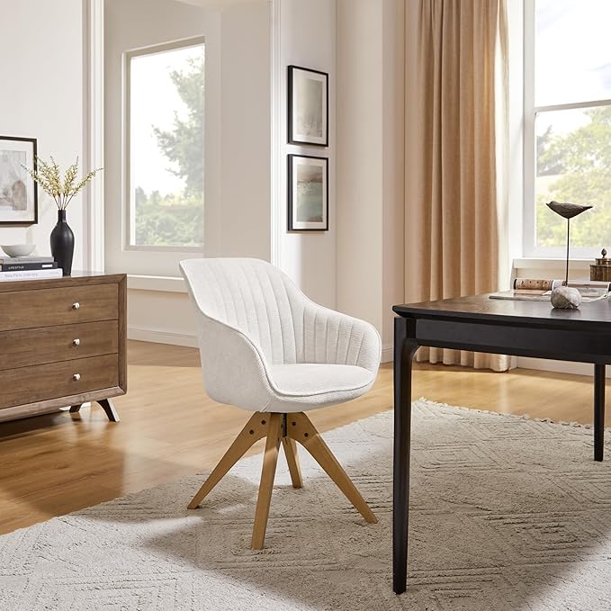 Art Leon Mid Century Modern Swivel Accent Chair - Fabric Upholstered Armchair with Natural Oak Wood Legs, Desk Chair No Wheels, Off White