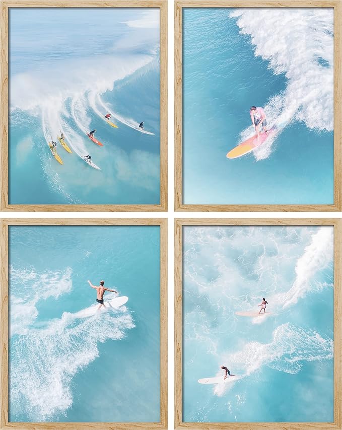 SIGNWIN Framed Ocean Nautical Landscape Wall Art, Set of 4 Surfing Surfboard Aerial View Wall Decor Prints, Nature Wilderness Wall Décor for Living Room, Bedroom - 12"x16" Natural