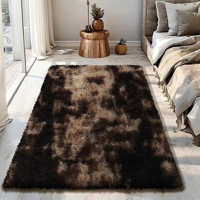 Fluffy Rug Shaggy Area Rug, Mottling Brown 3x5 Area Rugs for Bedroom, Small Bedside Rug, Soft Fluffy Shaggy Entryway Throw Rugs for Living Room Bedroom Kids Room Home Decor