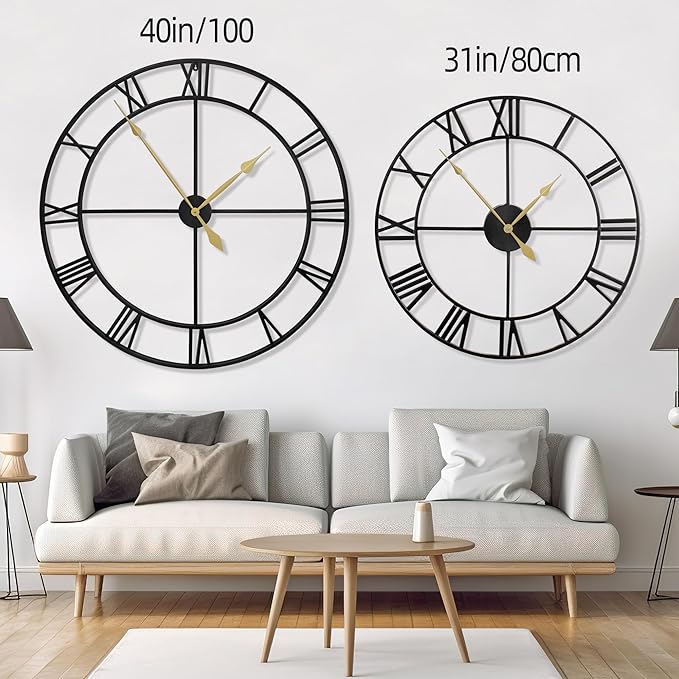 LEIKE 40 Inch Extra Large Modern Wall Clock, Oversize Rustic Round Nearly Silent Battery Operated, Black Metal Roman Numerals Wall Clocks for Living Room, Bedroom, Entrance Home Decor