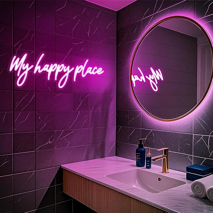 Kavaas My Happy Place Neon Signs 16.9" x 5.9", Pink LED Light Up Signs for Wall Decor | My Happy Place Sign for Girls Bedroom, Bar, Office, Dorms