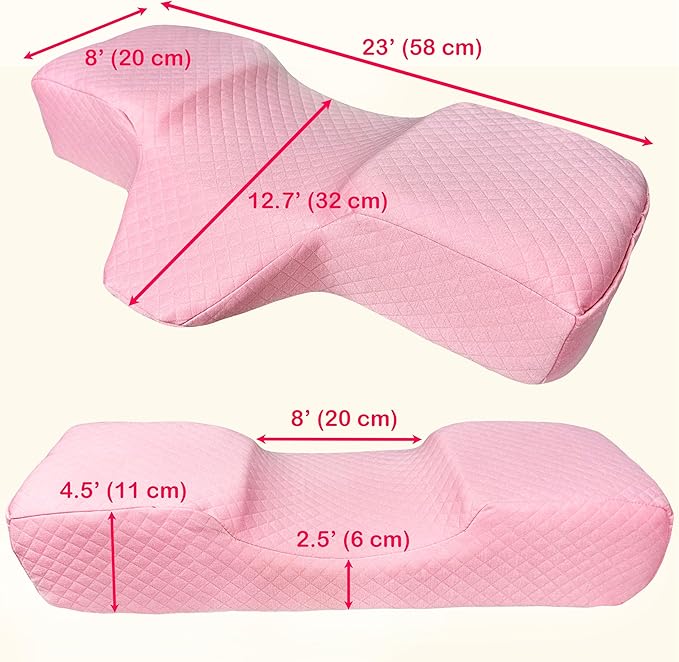 Pillow for Eyelash Extensions - Curved Memory Foam Lash Bed Pillow with Neck and Back Support, Perfect Pillow for Eyelash Extensions, Two Pockets for Tools On The Sides of Pillow (Pink)