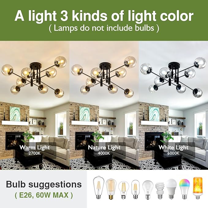 SZXYKEJI 8 Light Glass Globe Ceiling Light Black Mid Century Flush Mount Sputnik Light Fixture Bubble Chandelier Living Room Farmhouse for Dining Room Kitchen Bedroom.