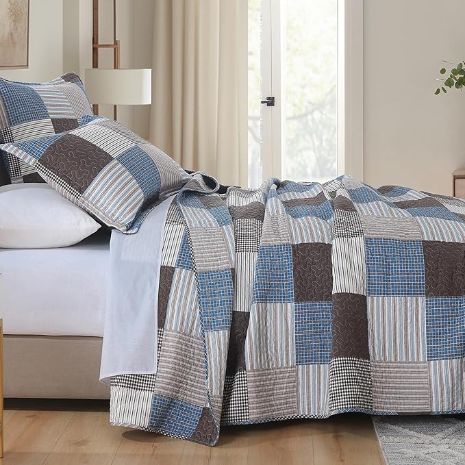 PANGUSHAN 100% Cotton Quilt Set King Size, Patchwork Plaid King Quilt Bedding Set Bedspreads, Farmhouse Lightweight Comforter Reversible Quilt, Blue/Brown Bed Spread for King Bed, 3 Pieces