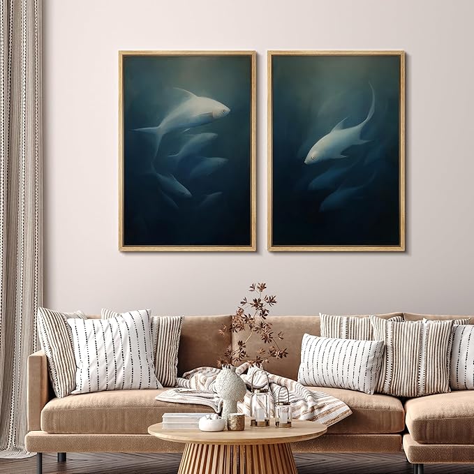 SIGNFORD Framed Canvas Print Wall Art Set Deep Sea Fish Serene Underwater Life in Dark Tones Illustration Modern Art Decorative Nordic Nature for Living Room, Bedroom, Office - 16"x24"x2 Natural