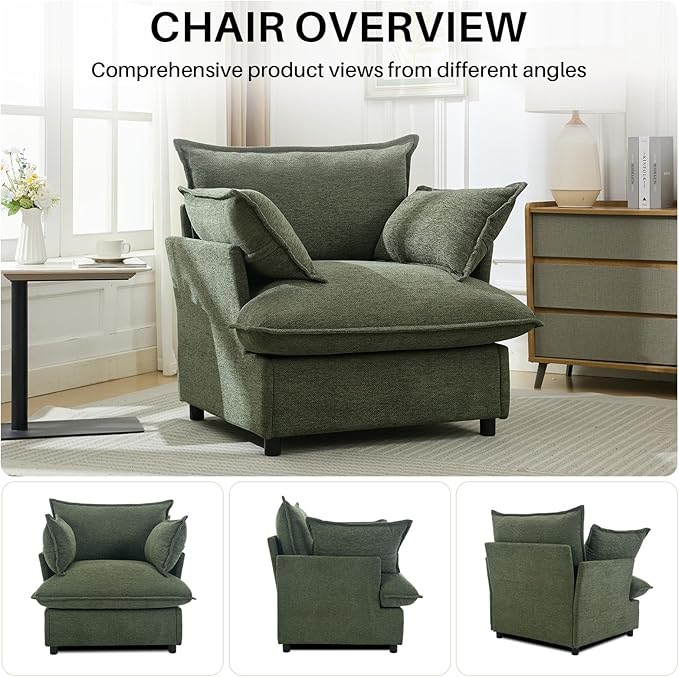 35.4" Wide Oversized Chenille Single Sofa Chair with 2 Pillows, Modern Upholstered Accent Chair Armchair for Livingroom Bedroom Apartment, Green
