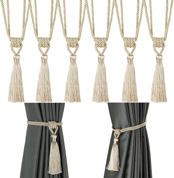 Fenghuangwu Curtain Tiebacks Tassel Tie-Backs, Rope Curtain tie Backs Handmade Curtain Holdbacks Made from Polyester (Beige, 6p)