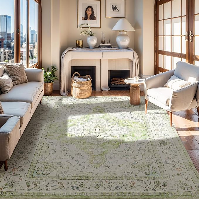 Topllen Washable Area Rug - 5'x7' Boho Living Room Rug, Non-Slip Soft Rugs Indoor for Bedroom Dining Room Office, Vintage Throw Large Carpet Stain Resistance (Green, 5x7ft)