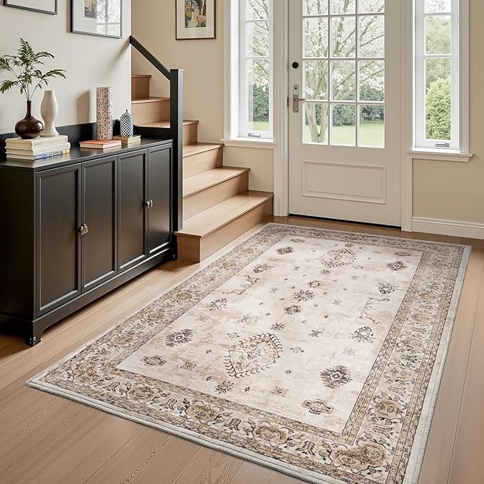 AMOAMI-Vintage Area Rug 3x5 Brown Rugs for Living Room-Soft Washable Rug Non Slip Entryway Rug Indoor Vintage Throw Accent for Bedroom Laundry Room Dining Bathroom Bedside