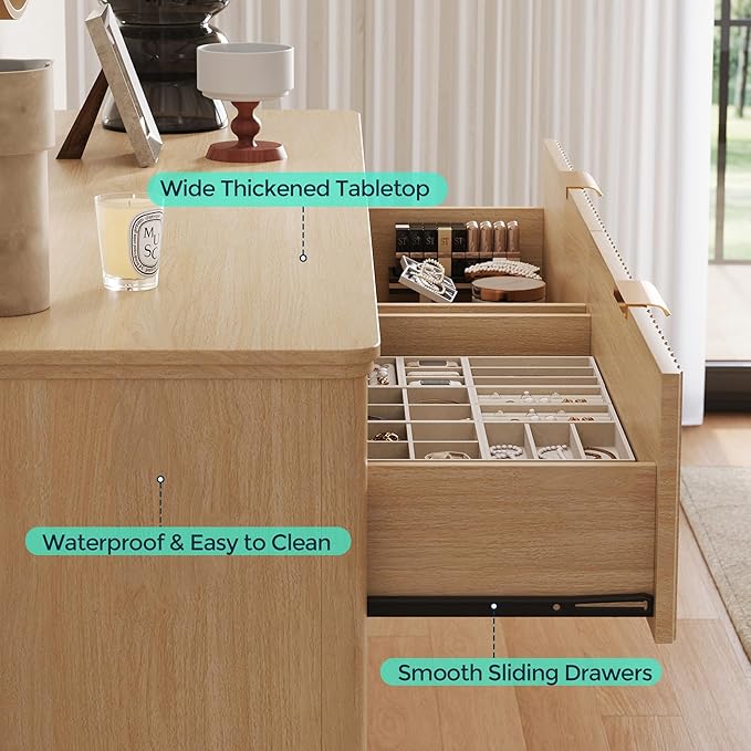 LINSY HOME Fluted Dresser for Bedroom with 6 Drawers, 54" Wide Mid Century Modern Dressers, Tall Boho Chest of Drawers, Large Wood Accent Storage Cabinet for Living Room, Curved Profile Design, Oak