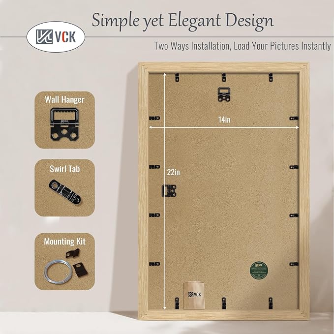 VCK 14x22 Picture Frame Set of 3 - Oak, Natural Solid Wood Poster Frames, Wall Gallery Frame