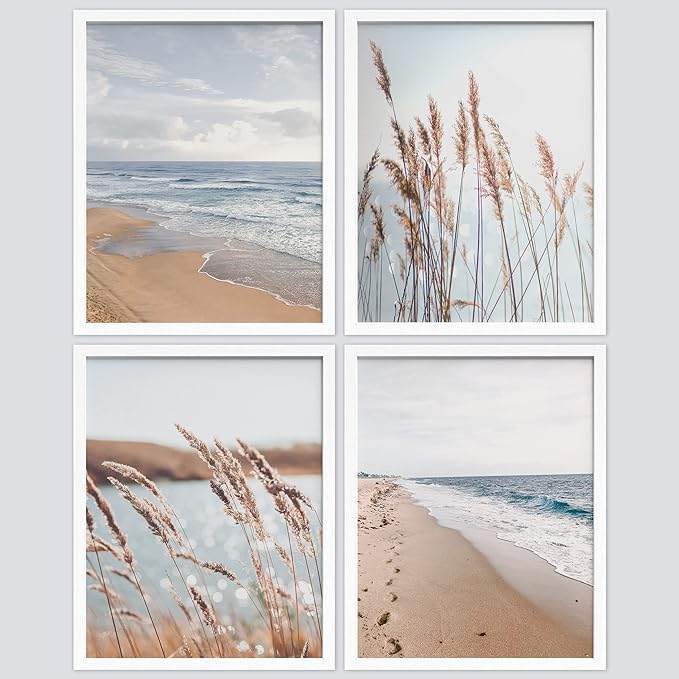 SIGNWIN Framed White Beach Grass Cloudy Ocean Sea Wave Horizon Wall Art, Set of 4 Landscape Colorful Wall Decor Prints, Nature Wilderness Wall Décor for Living Room, Bedroom - 11"x14" White