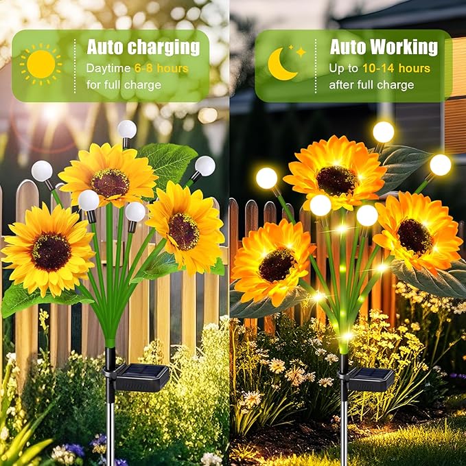 Solar Sunflower Lights Outdoor Waterproof - 6 Pack Solar Powered Sunflowers with Firefly Solar Lights for Garden Lawn Decor