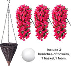 Artificial Bougainvillea Faux Flowers Plants Baskets for Outdoor Outside Summer Decoration, 3 PCS Fake Silk Long Hanging Vines UV Resistant Realistic for Front Door Porch Patio Balcony, Hotpink