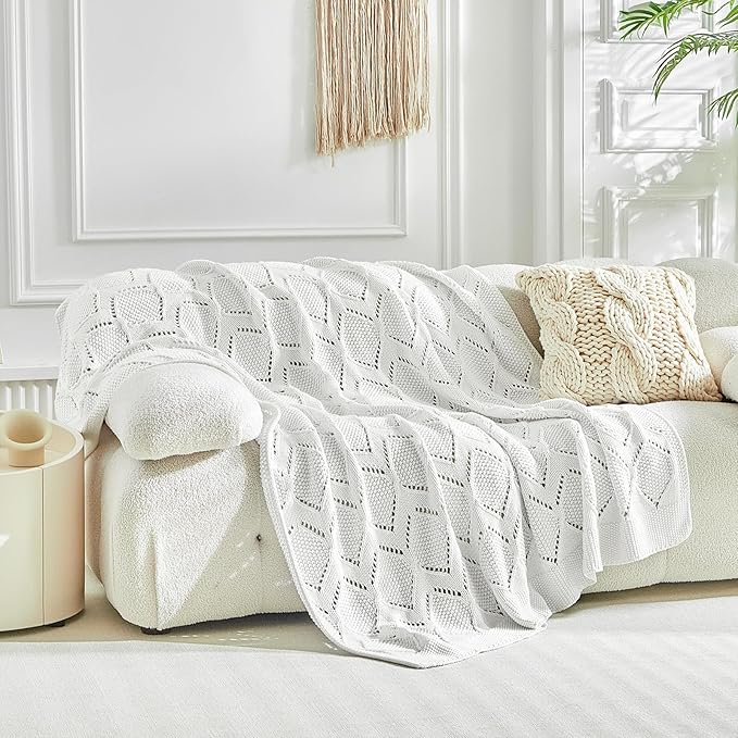 Longhui bedding Chunky Cotton Knit Throw Blanket for Couch, Sofa, Bed, or Chair, Decorative Breathable Fall Cable Knit Blanket 60 x 80 Inches, Large Medium Weight Cream