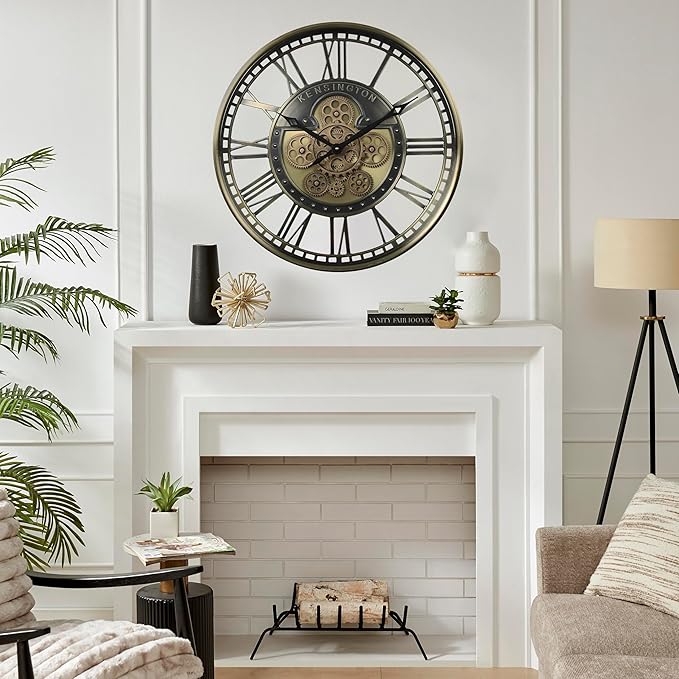 CLXEAST 21 Inch Large Moving Gears Wall Clock for Modern Farmhouse Living Room Decor, Brass Gold Roman Numerals Wall Clock Battery Operated,Reloj De Pared para Sala
