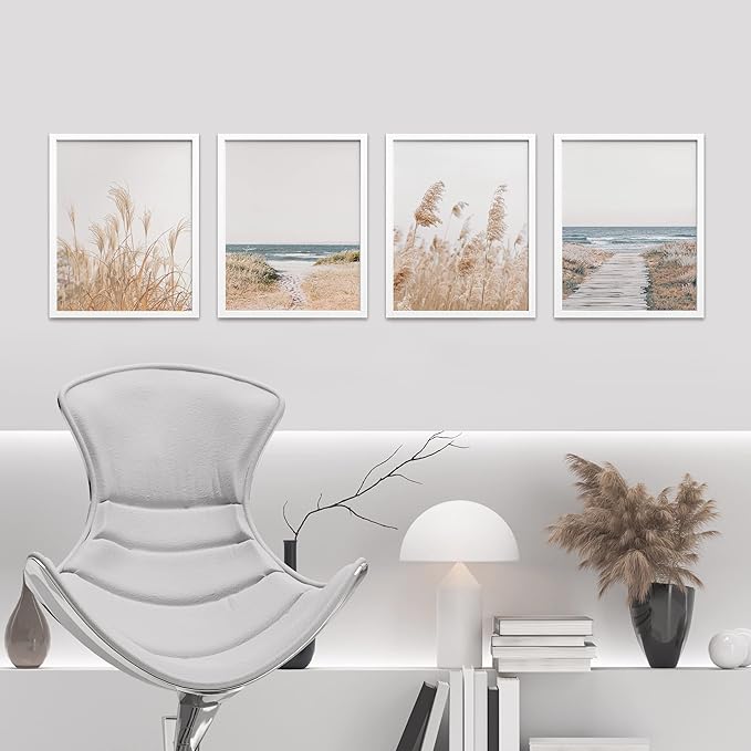 SIGNWIN Framed White Pampas Grass Beach Ocean Shore Horizon Wall Art, Set of 4 Landscape Colorful Wall Decor Prints, Nature Wilderness Wall Décor for Living Room, Bedroom - 12"x16" White
