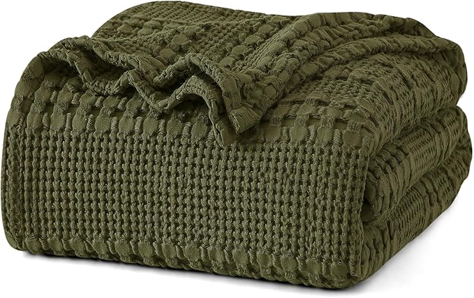 PHF 100% Cotton Waffle Weave Blanket King Size, Soft Lightweight Breathable Cozy Summer Blankets for Bed, Luxury Aesthetic Woven Bedding for Home Decor, 108"x90", Capulet Olive