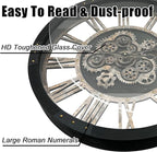 DORBOKER 24" Large Wall Clock with Moving Gears,Oversize Vintage Industrial Rustic Farmhouse Clocks for Living Room Decor Office Home,Solid Wood HD Tempered Glass Cover,Vintage Black