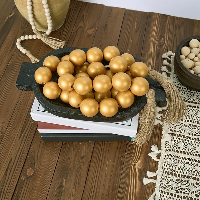 OMISHE 60" Long Extra Large Wood Bead Garland with 1.6" Diameter Wooden Beads and Tassels, Rustic Farmhouse Country Decorative Beads for Home Decor Tiered Tray Decor, Gold