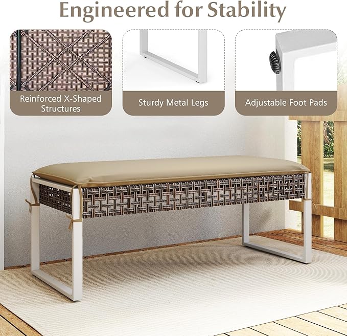 Tangkulka Outdoor Ottoman, Patio Rattan Heavy Duty Wicker Footrest with Soft Cushion & Metal Frame, Extra Seating, for Porch, Backyard, Lawn and Poolside (1)