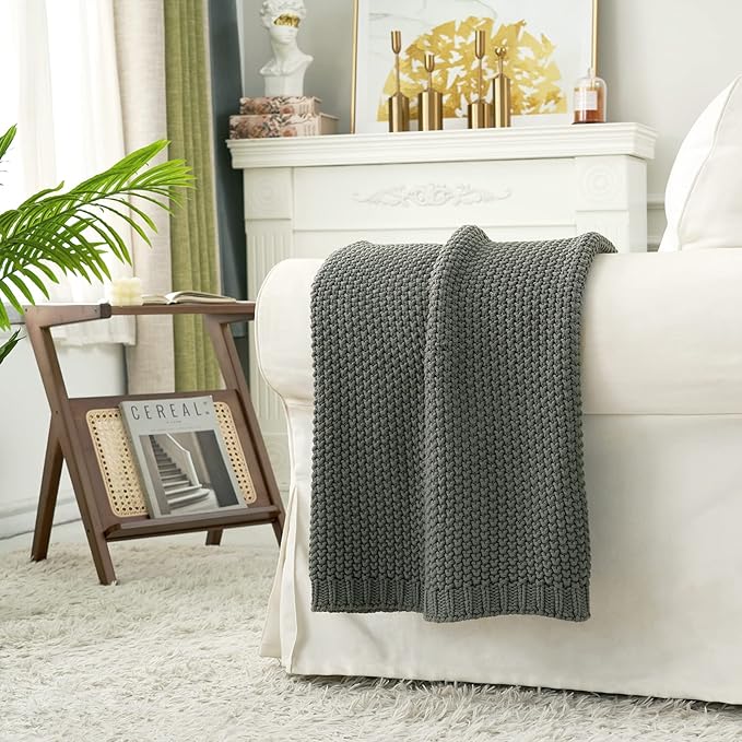 Longhui bedding Chunky Cable Knit Throw Blanket Lightweight Grey 100% Organic Cotton Blanket for Sofa Couch Bed Baby Nursery, Rustic Shabby Chic Modern Farmhouse, Gray 51” x 63” Give Laundering Bag