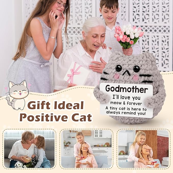 Godmother Gift from Godchild, Birthday Gifts for Godmother from Goddaughter Godson Emotional Support Crochet Cat Cute Stuff Thing Handmade Positive Crochet Christmas Stocking Stuffers
