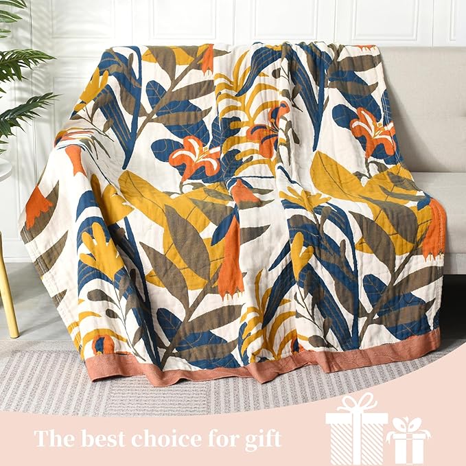 Boho Throw Blanket for Bed - 100% Pure Cotton Ultra Soft Rustic Quilt - Farmhouse Decor Bed Blankets, All Season Rustic Throw for Sofa Couch Chair(91''x 98'', Floral Sea)