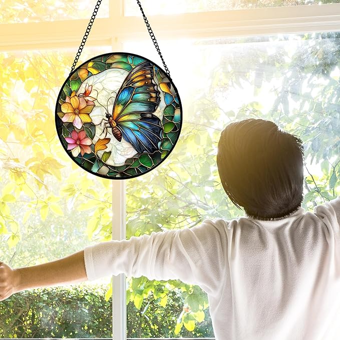 Stained Glass Window Hanging, Butterfly Flower Sun Catchers Diamond Glass Panel Hangings Insect Suncatcher Decor for Birthday for Women, Men, Wife, Aunt, and Mom 7.8 in