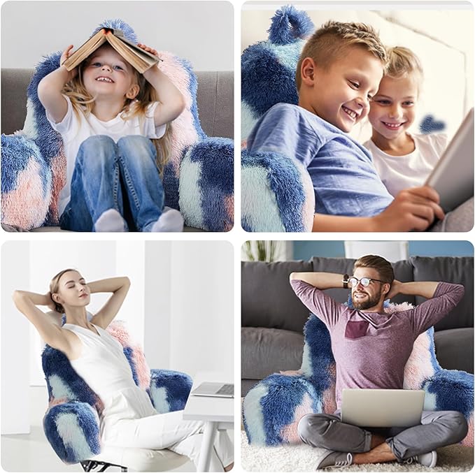 Fluffy Fur Reading Pillow for Adults & Kids Unisize, Stylish Back Pillow for Bed Sitting Up, Bed Chair Pillow with Arms, Adorable Gift for Teens, Bed Rest Sit Up Back Support Pillow