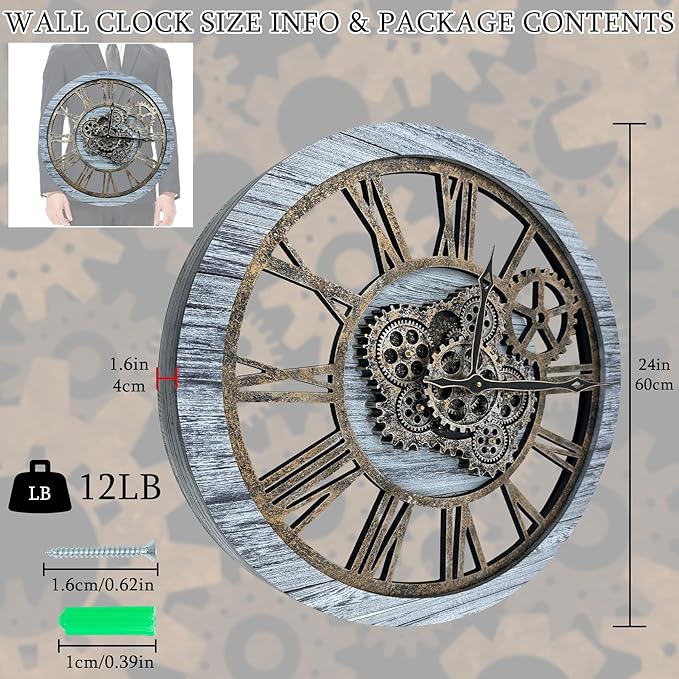HOIBAI Large Wall Clock, Wall Clocks for Living Room Decor Farmhouse Vintage Rustic Kitchen Wall Decor Vintage Roman Big Oversized Wall Clock for Home Bedroom House Office, Moving Gears Clock
