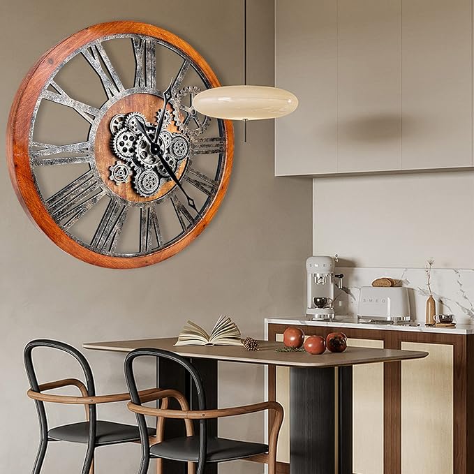The B-Style 36" Large Moving Gear Wall Clock Oversized Vintage Farmhouse Wall Clocks for Living Room Decor Rustic Industrial Wood Clock (Brwon with Bronze Gears)