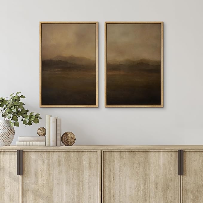 SIGNFORD Framed Canvas Print Wall Art Set Serene Misty Mountains Illustrations Modern Art Decorative for Living Room, Bedroom, Office - 16"x24"x2 Natural