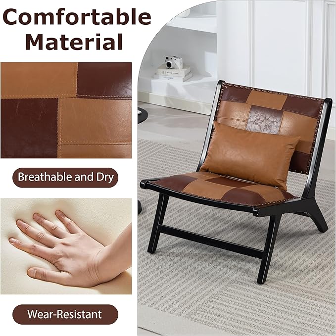 Accent Chair, Modern Comfy Genuine Leather Armless Mid-Century Anthropologie Accent Chairs, Lounge Arm Chair with Solid Wood, Floral Pattern Sofa Chair for Living Room/Office/Balcony/Bedroom