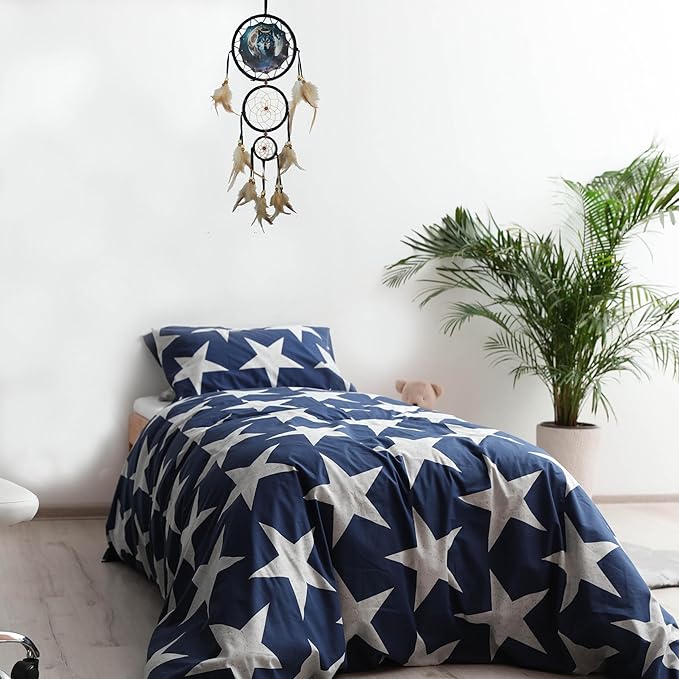 Remorelt Wolf Eagle Bear Dream Catcher Bedroom Wall Decor, Christmas Home Decoration, Room Accessory, White Moon Feather Decoration - Unique Home Craft Wall Pendant (DC24 6Inch Wolf W/Moon)