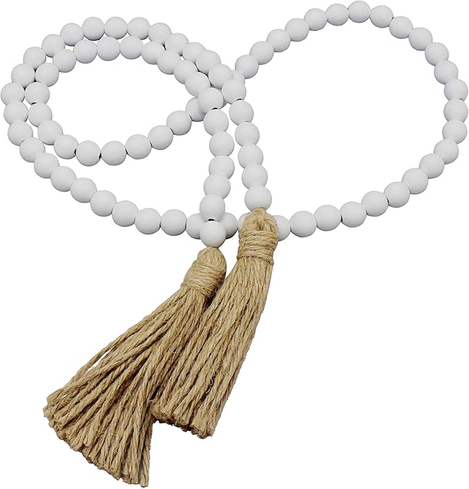 CVHOMEDECO. Wood Beads Garland with Tassels Farmhouse Rustic Wooden Prayer Bead String Wall Hanging Accent for Home Festival Decor. White