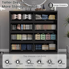 Black Dresser for Bedroom, 8 Drawers Double Fluted Dressers, Modern Chest of Drawers with Curved Profile, Handleless, Storage Closet Dressers for Bedroom, Living Room, Entryways, Natural