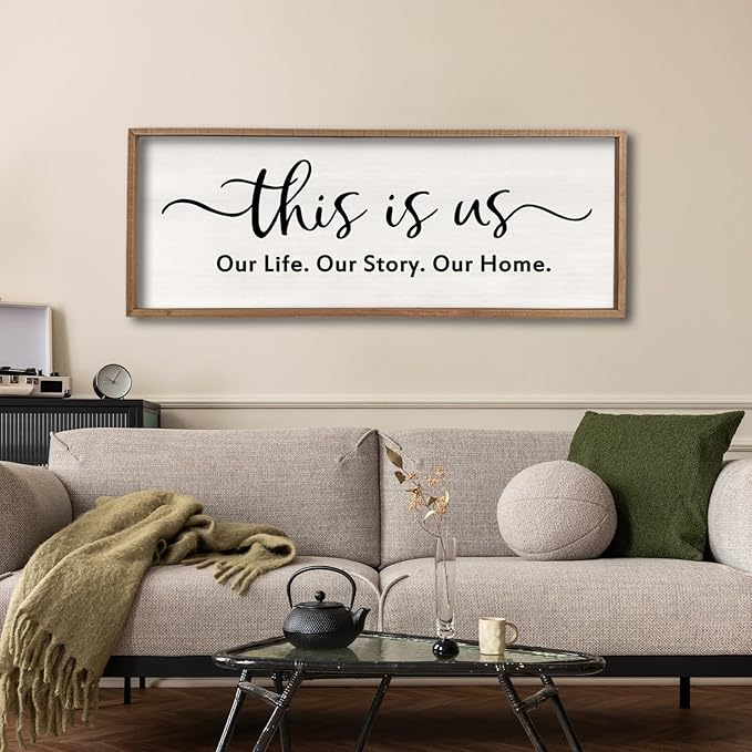 This is us Wall Decor Sign 40'' x 15'' Large Master Bedroom Home Life Story Wood Framed Vintage Family Sign Rustic Plaque Living Room Minimalist Farmhouse Hanging Wall Art (Wood)