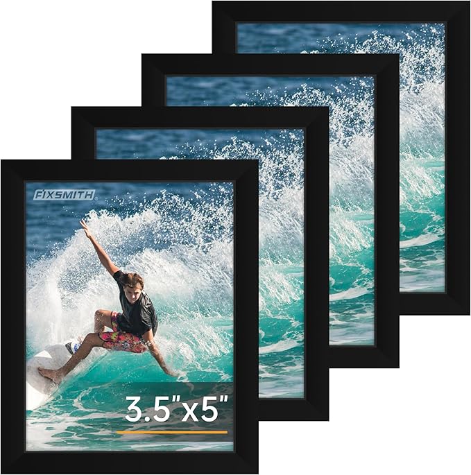 FIXSMITH 3.5x5 Picture Frame Set of 4, 3.5x5 Photo Frames with HD Plexiglass for Wall Hanging or Tabletop Display, Black