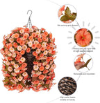 Artificial Fake Fall Hanging Flowers Plants Basket for Outdoor Autumn Decoration, Faux Silk Morning Glory Long Vines Realistic UV Resistant for Outside Home Porch Garden (Fall Orange+Light Orange)