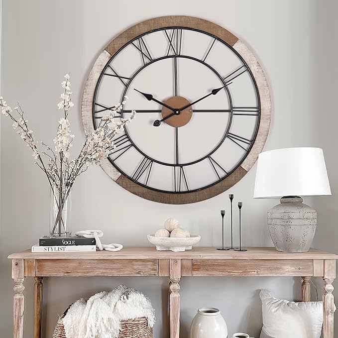 Wall Clock for Living Room Decor, 27.5'' Big Clock for Office, Rustic Wall Clock Battery Operated, Distressed White Roman Numeral Clock, Round, Wood