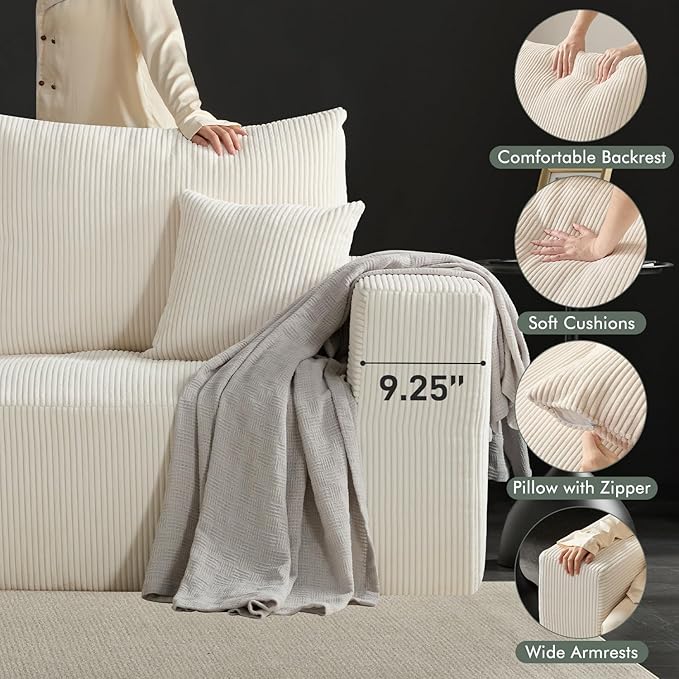 Boneless Sectional Cloud Couch Sofa for Living Room, 112" U-Shaped Modular Modern Lounge Sleeper Beige Couches with Chaise, No Assemble, Cordury Compression Upholstered Sofas