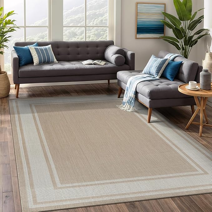 Beverly Rug Large Outdoor Rug 10x14 Modern Bordered Area Rugs for Indoor and Outdoor Patio Deck Porch Garden Waterproof Weather Sun Resistant Washable Outside Carpet (10 x 14 Beige)