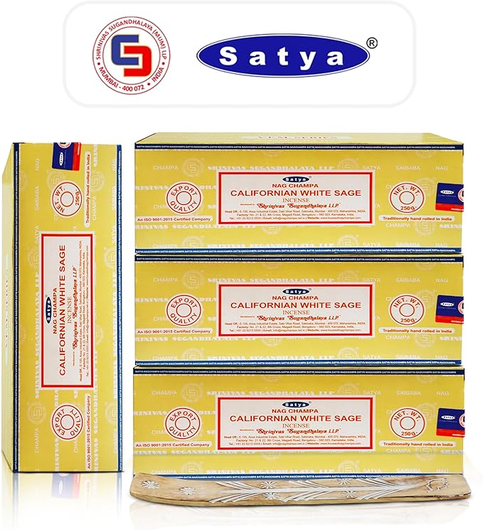 Satya Californian White SageIncense Sticks 250 gmx 4 Pack (1000 GMS), Insenses with Raajsee Incense Holder Bundle, Nag Champa Natural Incense