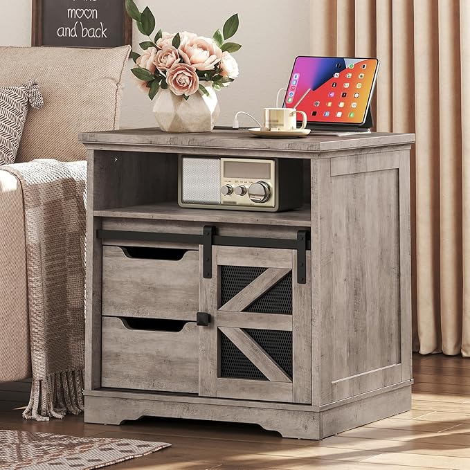 Farmhouse End Table with Charging Station, Sofa Side Table with 2 Drawers and Barn Door, Rustic Wooden Nightstand Bedside Table for Bedroom, Living Room, Greige