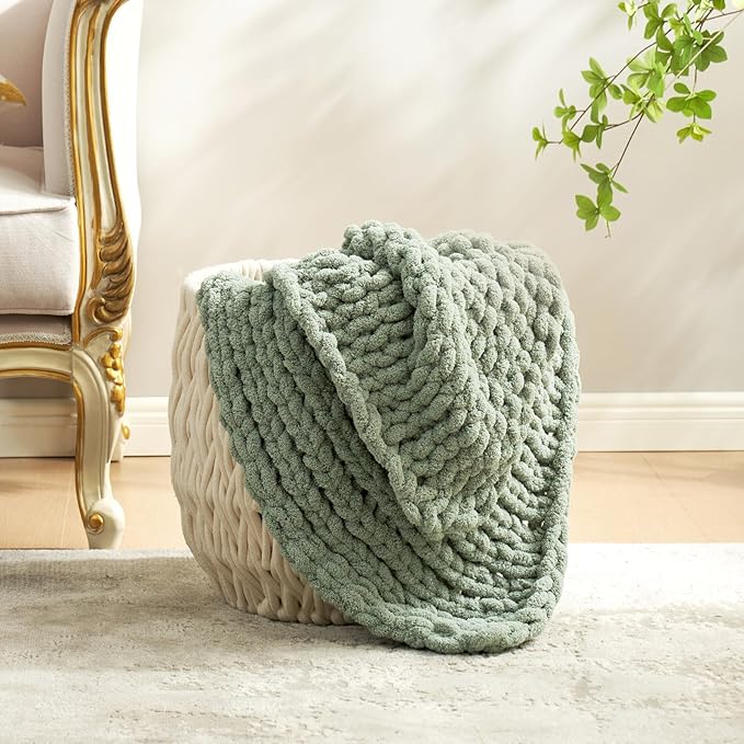 Amélie Home Chunky Knit Throw Blanket for Couch, Soft Chenille Crochet Blanket for Kids, 30"x40", Sage Green