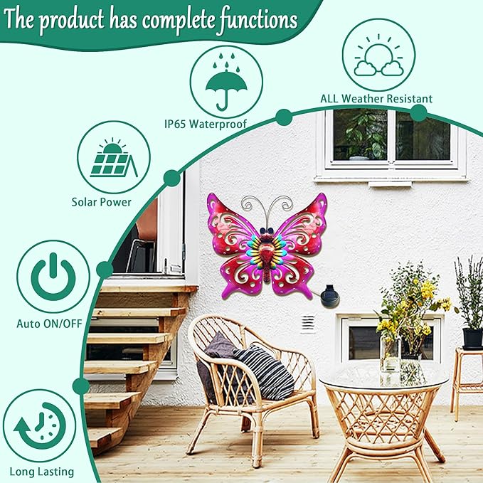 Solar Garden Light, Metal Butterfly Wall Art, 19" Large Hanging Decor for Garden Patio Fences Porch Yard Art Outdoor Wall Decor, Weatherproof Decorative Lighting, Housewarming Wedding Birthday Gift
