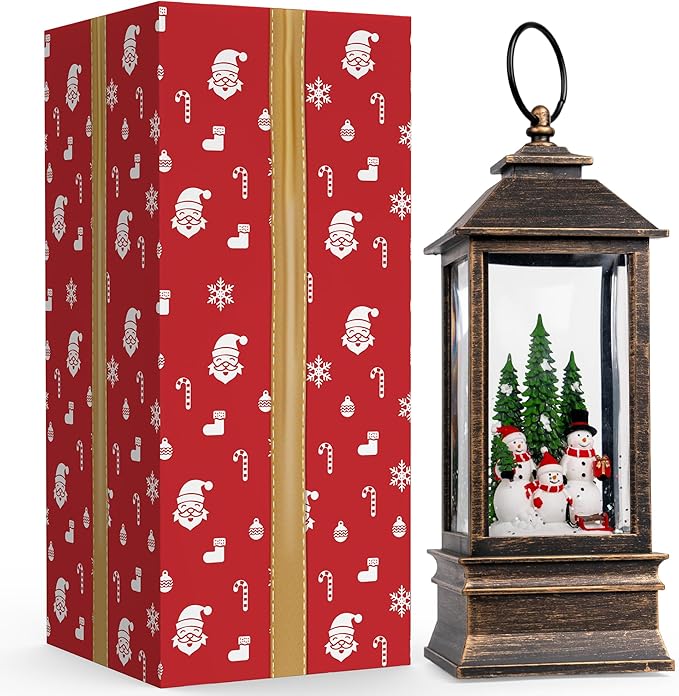 10'' Musical Snow Globe Lantern Lighted Snowman Family Water Lantern Swirling Glittering Home Decoration and Gift, Battery Operated or USB Powered
