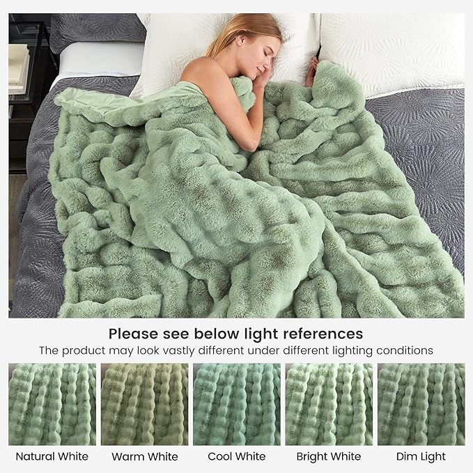 Cozy Bliss Faux Fur Throw Blanket for Couch, Fuzzy Soft Plush Thick Bubble Blanket for Sofa Bedroom Living Room, 108 * 90 Inches Sage Green